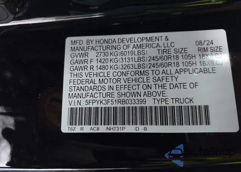 2024 Honda Ridgeline Rtl from USA, damaged, VIN 5FPYK3F51RB033399